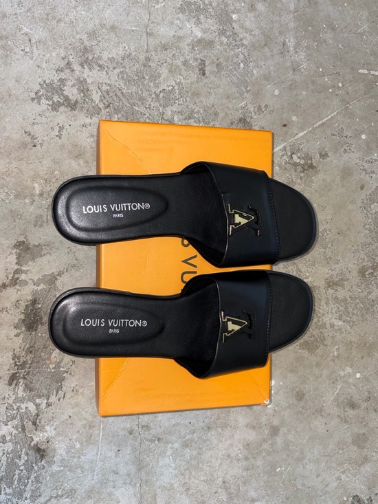 Louis Vuitton Shoes - Louis Vuitton Black Slide Sandals with Gold LV Emblem